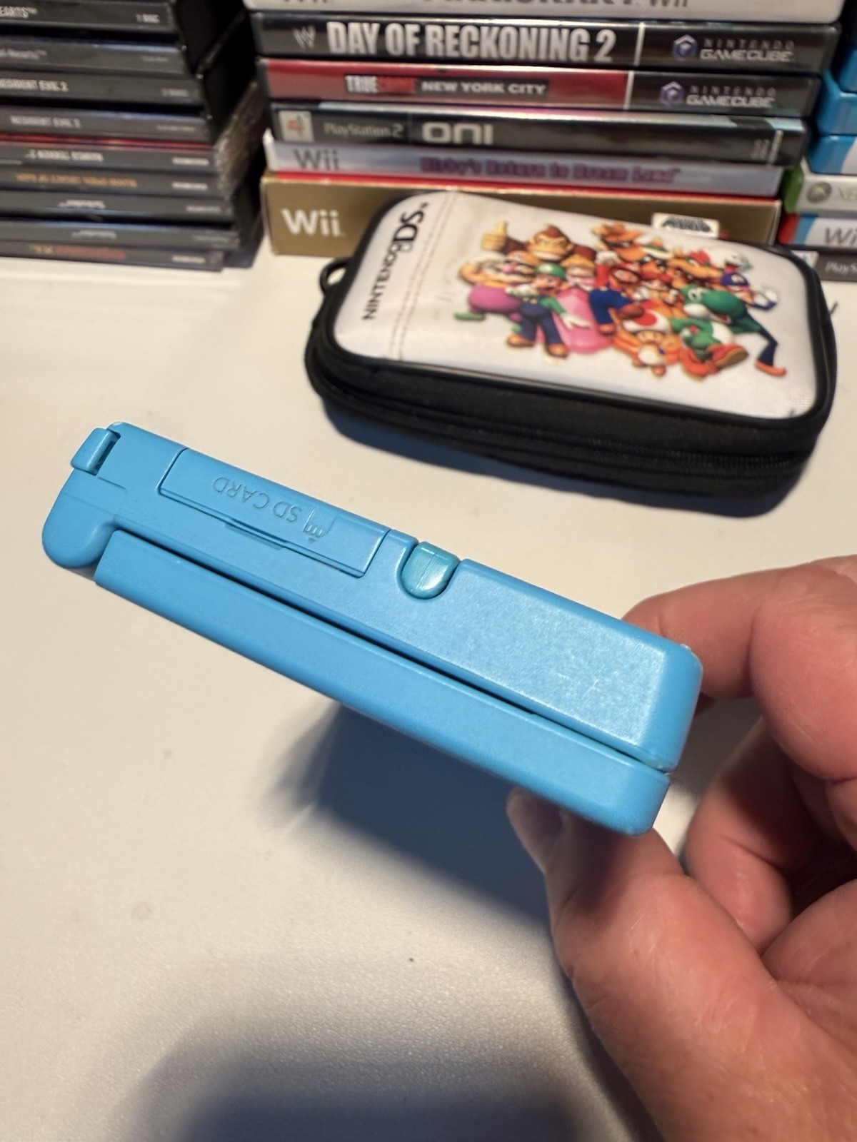 Nintendo DSi Aqua Blue Handheld Console Stylus Charger Monkeyball Tested Works