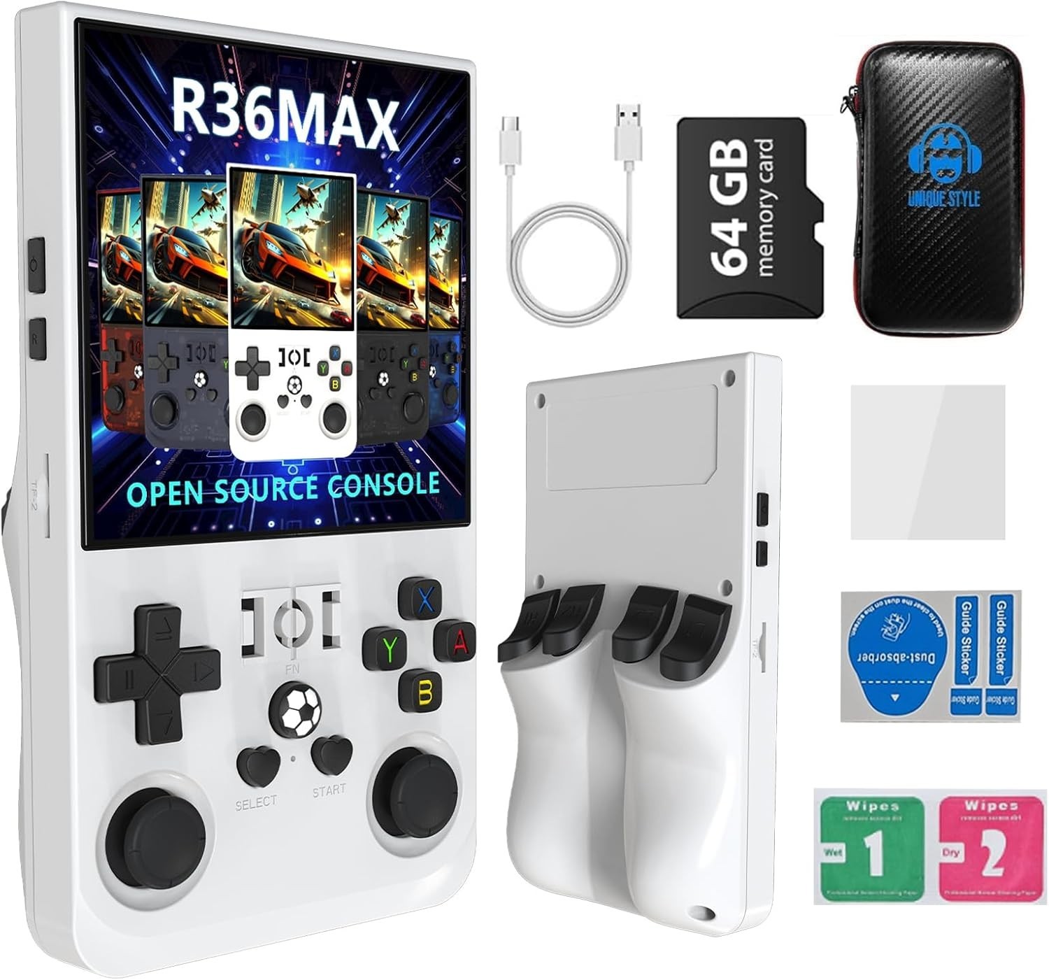 R36MAX Retro Handheld Game Console – 4000mAh, 64GB, 4″ Screen, White