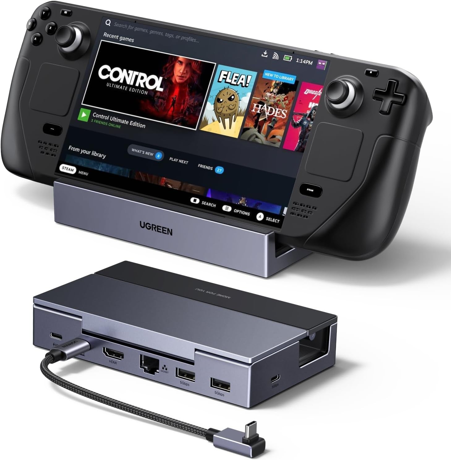 Portable Steam Deck Dock: 4K@120Hz HDMI, USB-A, USB-C & Gigabit Ethernet./