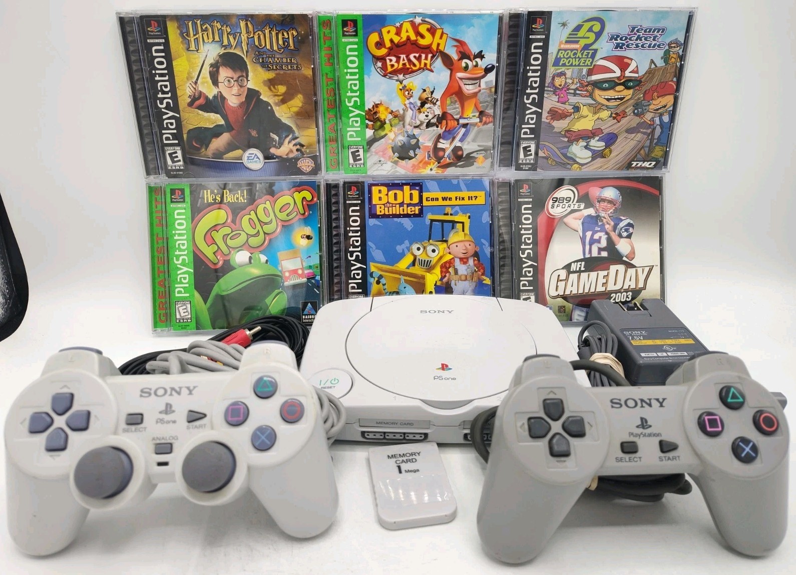 Sony PlayStation One Bundle SCPH-101 + 2 Controllers + 6 Games + Mem Card Tested