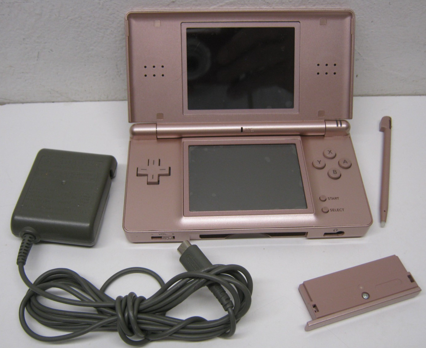 Nintendo DS Lite Metallic Rose Pink USG-001 w Cord Tested Works Scratched Screen