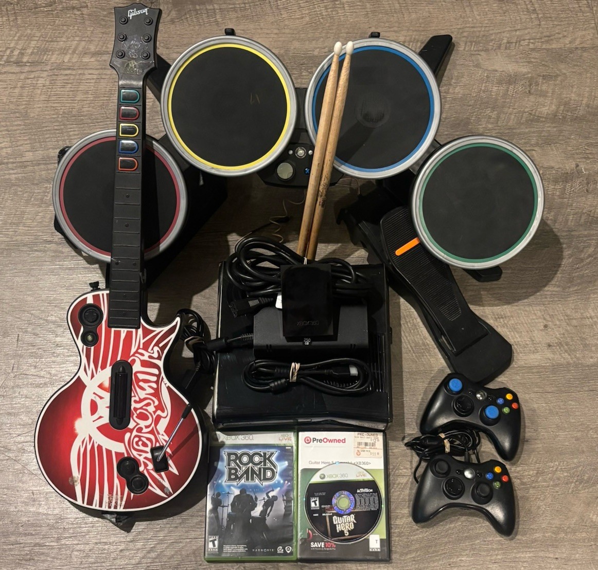 Xbox 360 S Console 250GB Guitar Hero + Rockband Drums Games & Controllers Bundle