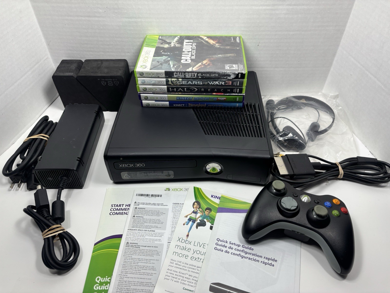 Microsoft Xbox 360 Slim Black 4gb console Bundle CIB 6 Games | Tested, No Kinect
