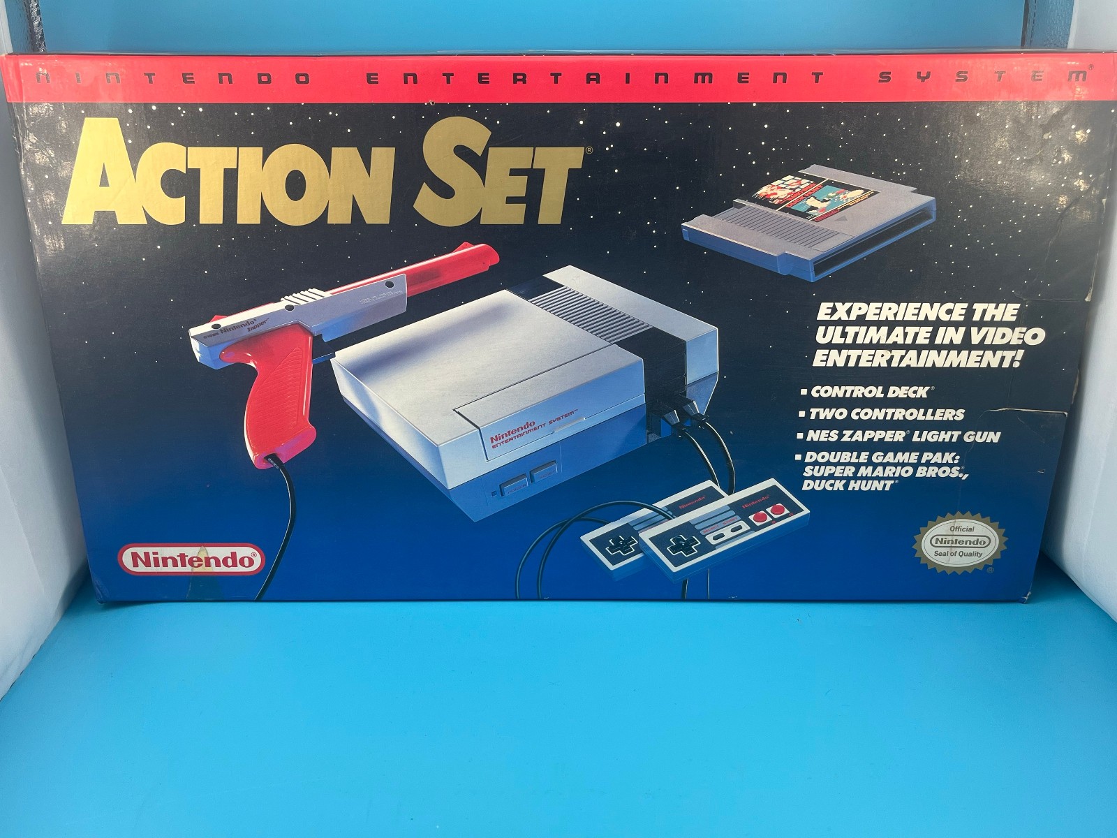 Nintendo NES Action Set (Blue Box), Mario/Duck Hunt, Cords, Controlers, Zapper