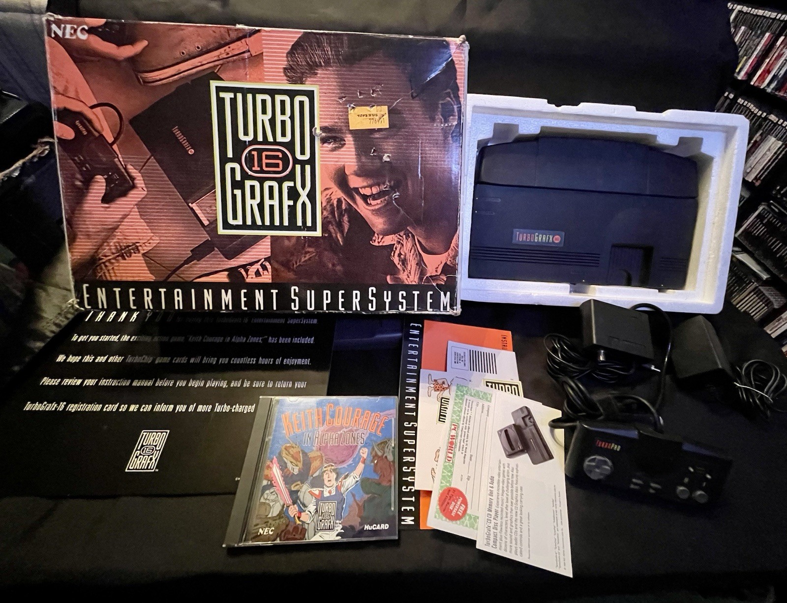 NEC TurboGrafx-16 System Black Console w/ Box, Paperwork And Keith Courage Game!
