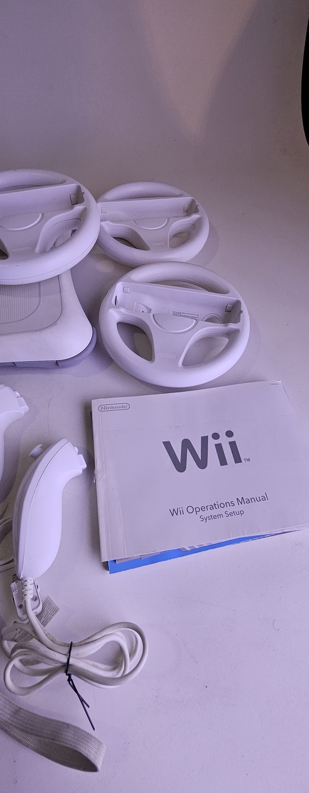 Nintendo Wii Console Bundle w/ 4 Remotes, 3 Nunchucks, 3 Wheels, Wii Sports Game