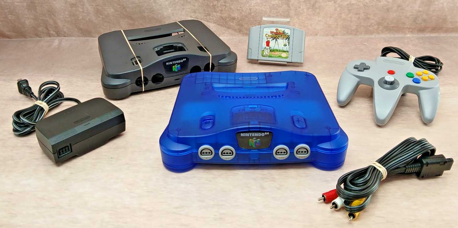 Nintendo 64 Clear Blue Re-Shell Console Bundle OEM Controller Cords