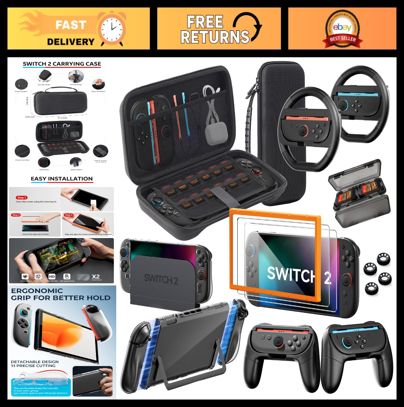 Nintendo Switch 2 Accessories Bundle 16-in-1: Carrying Case, Screen Protectors,