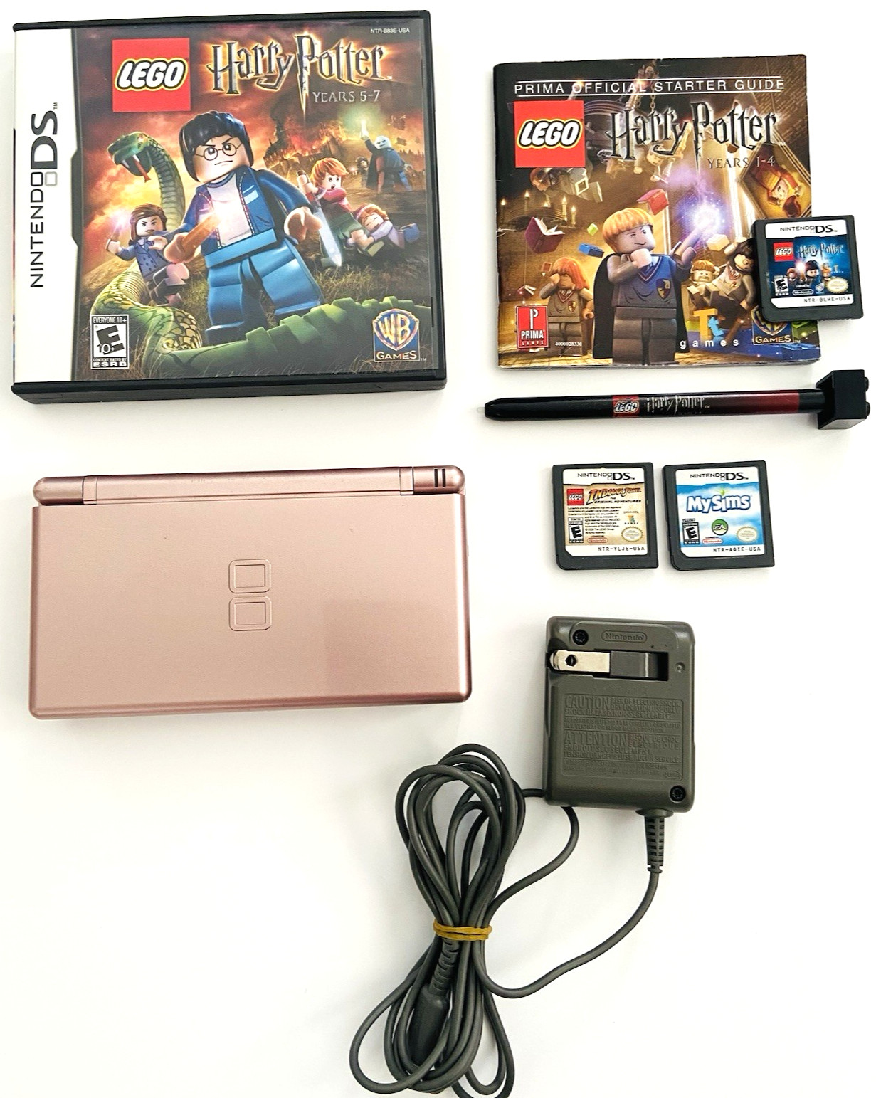Nintendo DS Lite Metallic Rose Gold Console w/HP Stylus Charger + 4 Games Lego