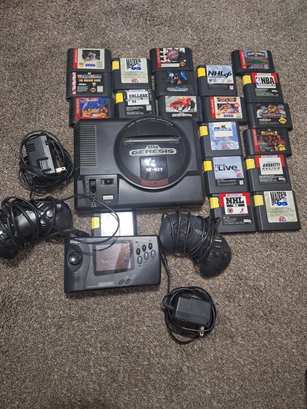 sega genesis gen 1, 2 controls and nomad console plus 20 games
