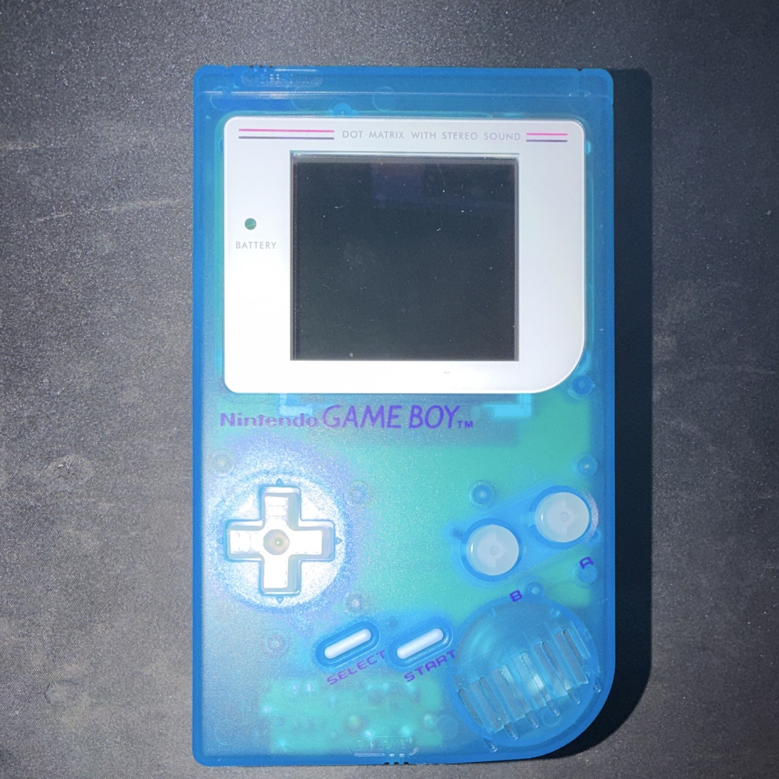 Nintendo Game Boy DMG-01 Clear Blue Handheld Stereo Sound w/ Case & Game *WORKS*