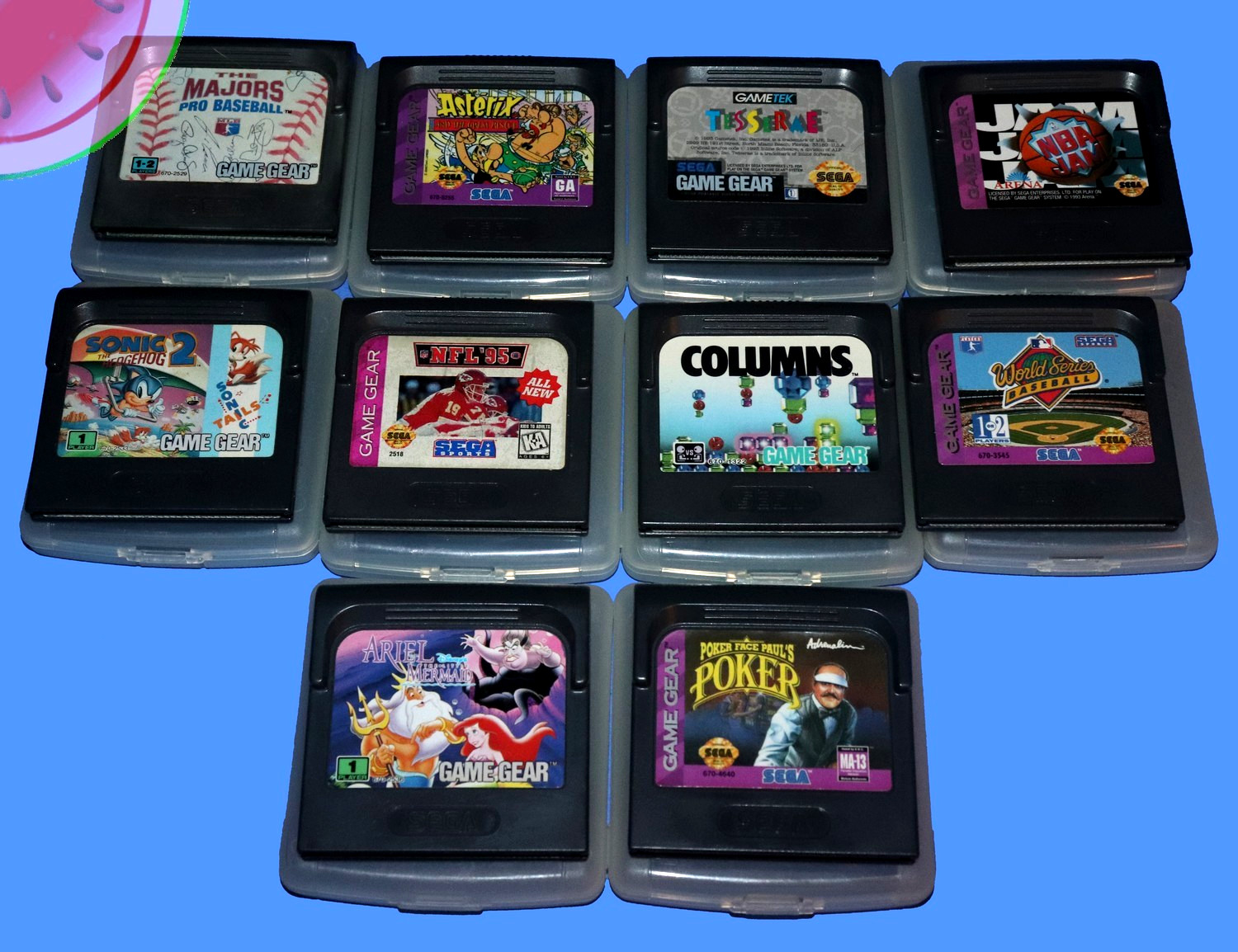 WORKING Blue Sega GAME GEAR System Recapped, Glass Lens, Carrying Case, 10 Games