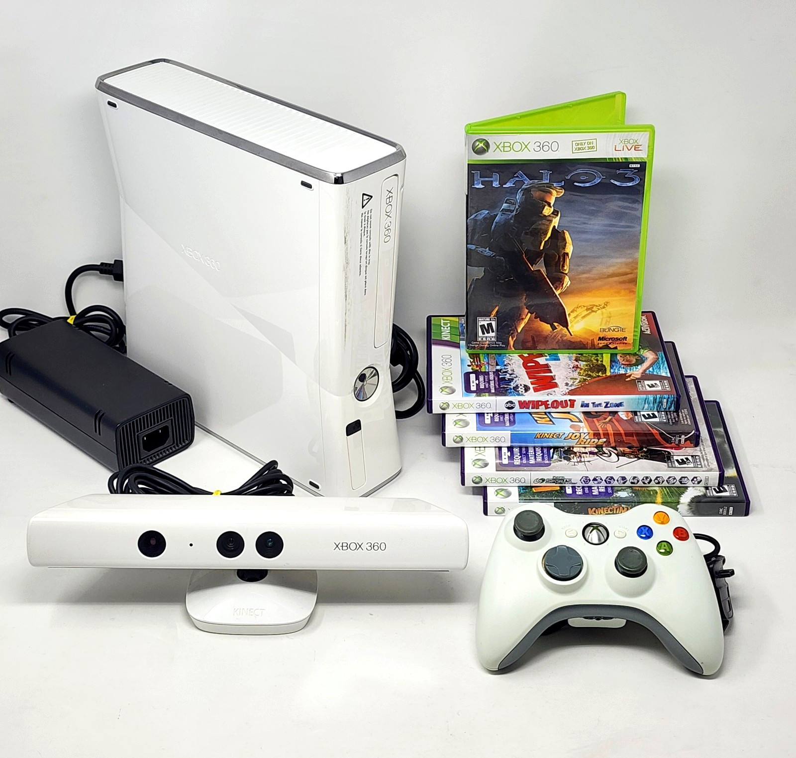 White Xbox 360 Slim 250GB Console Kinect Set w/ OEM Controller & 6 Games TESTED