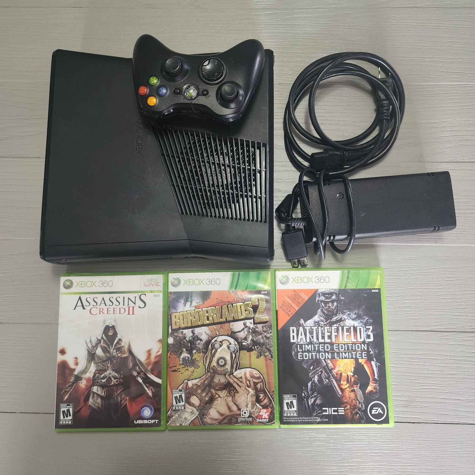 Microsoft Xbox 360 S Black 1439 With Power Cable + Controllers + Games