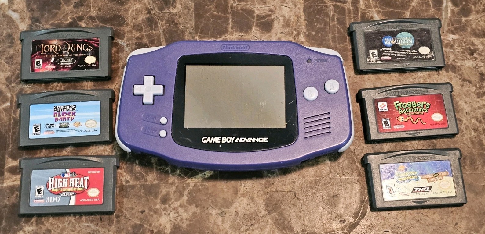 Nintendo Gameboy Advance Indigo Purple AGB-001 Handheld W/6 Games Lord Of Rings
