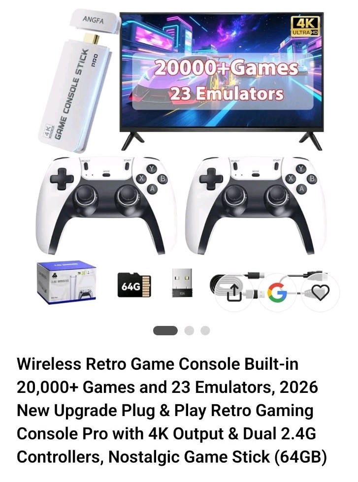 4K HDMI TV 20000+ Video Game Stick Retro Gaming Console w/ 2 Wireless Controller
