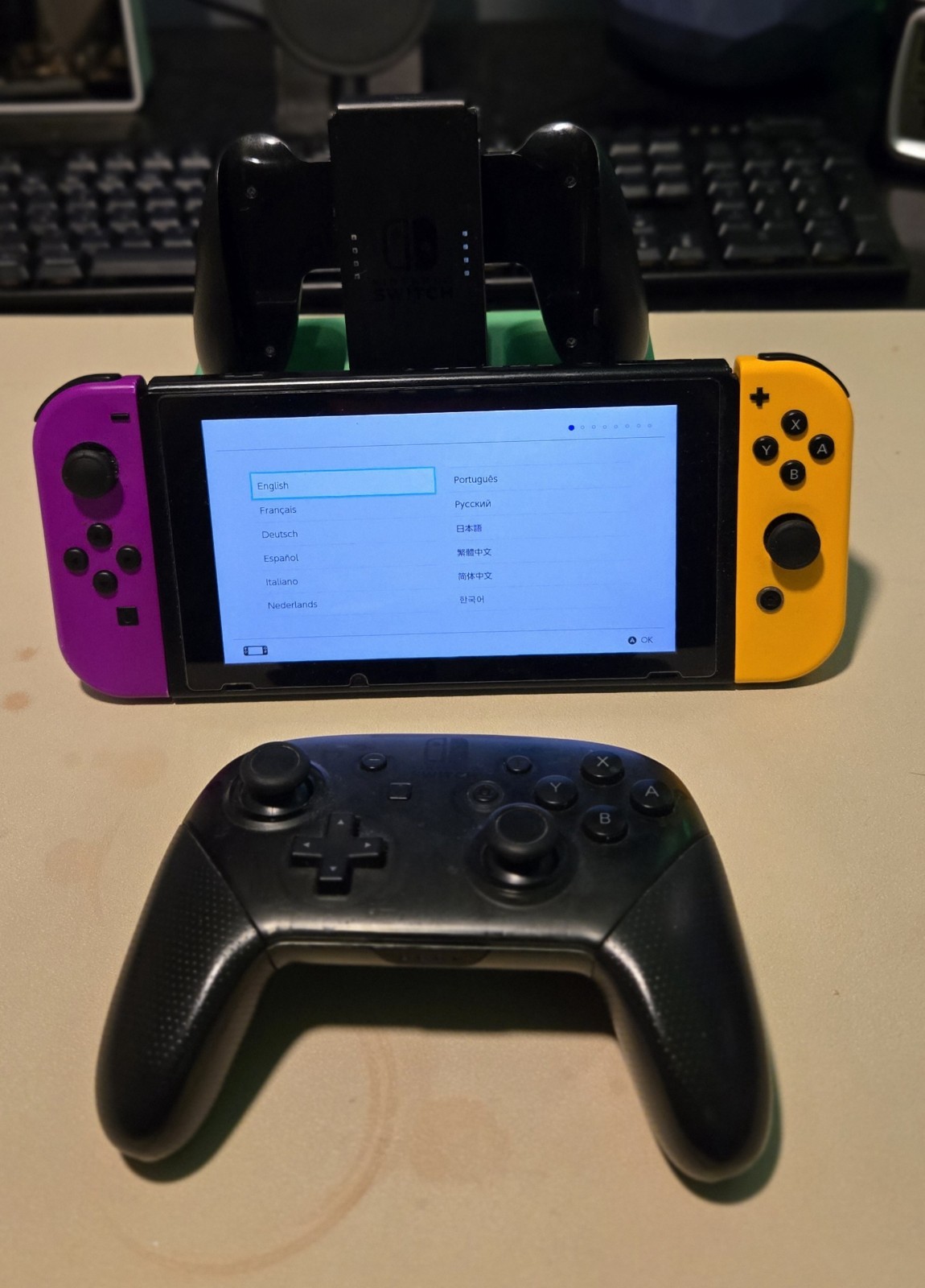 Nintendo Switch Console w/ Dock, Pro Controller, Purple/Yellow Joy-Cons 32GB