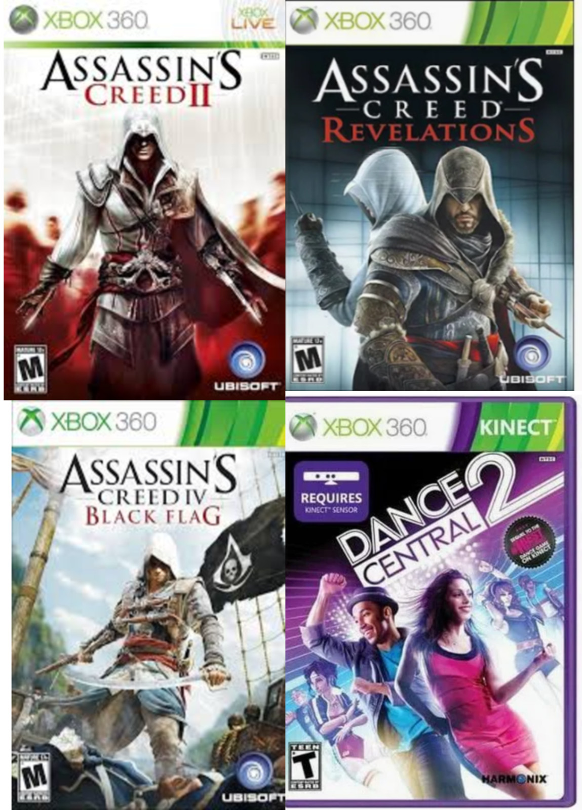 Xbox 360 Bundle w/ Kinect, AC Revelations, Black Flag, II, Dance 2 Central
