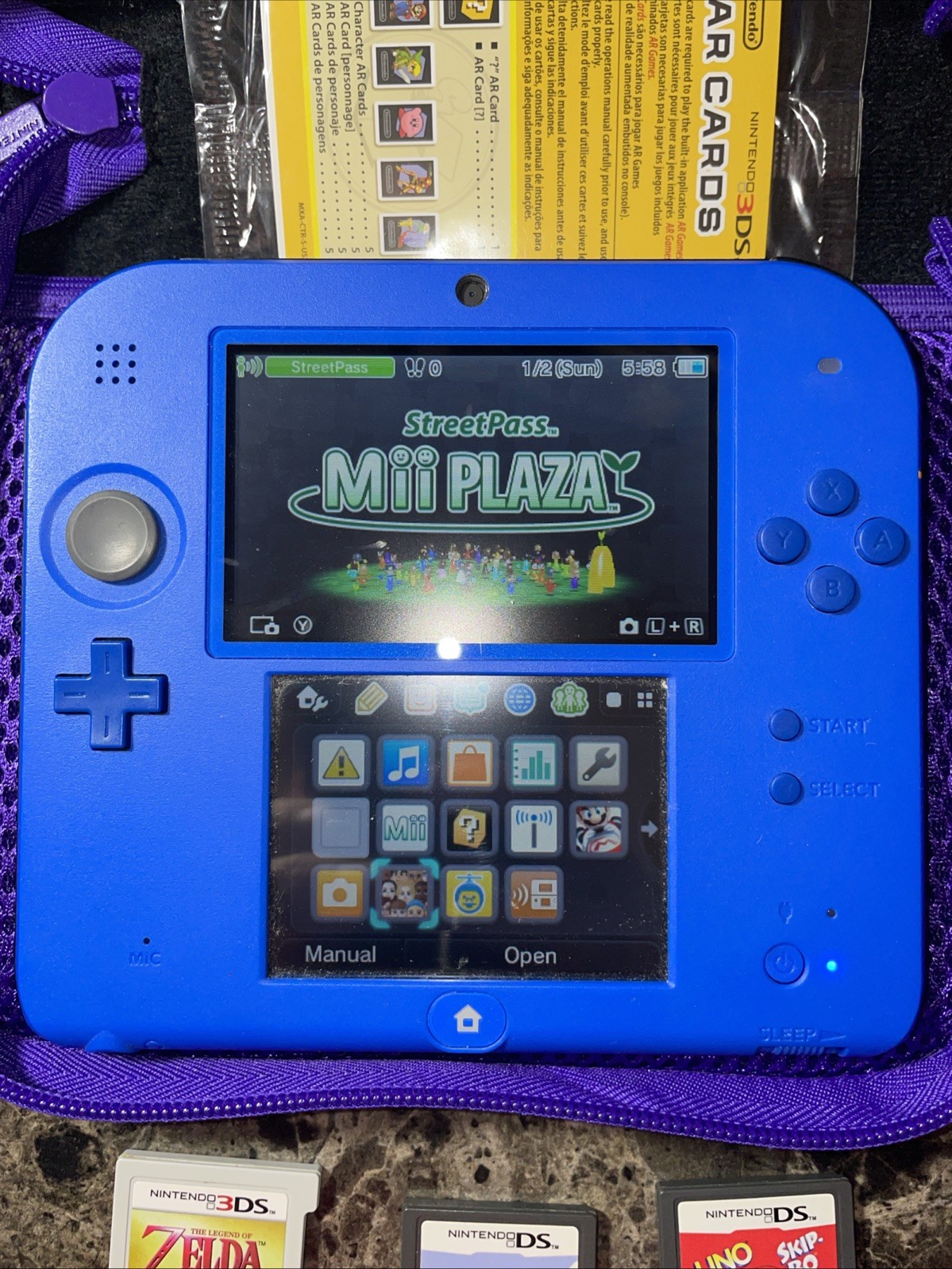 Nintendo Mario Kart 7 4GB Video Game Console – Blue W/3games Zelda Snood UNO