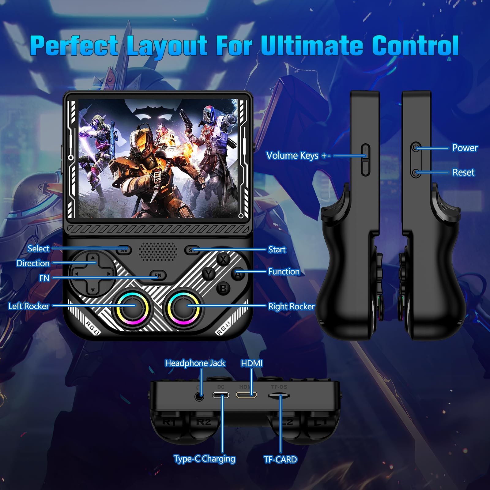 RG43V Pro Retro Handheld Game Console, 4.3 Inch IPS Screen, Portable Dual Sys…