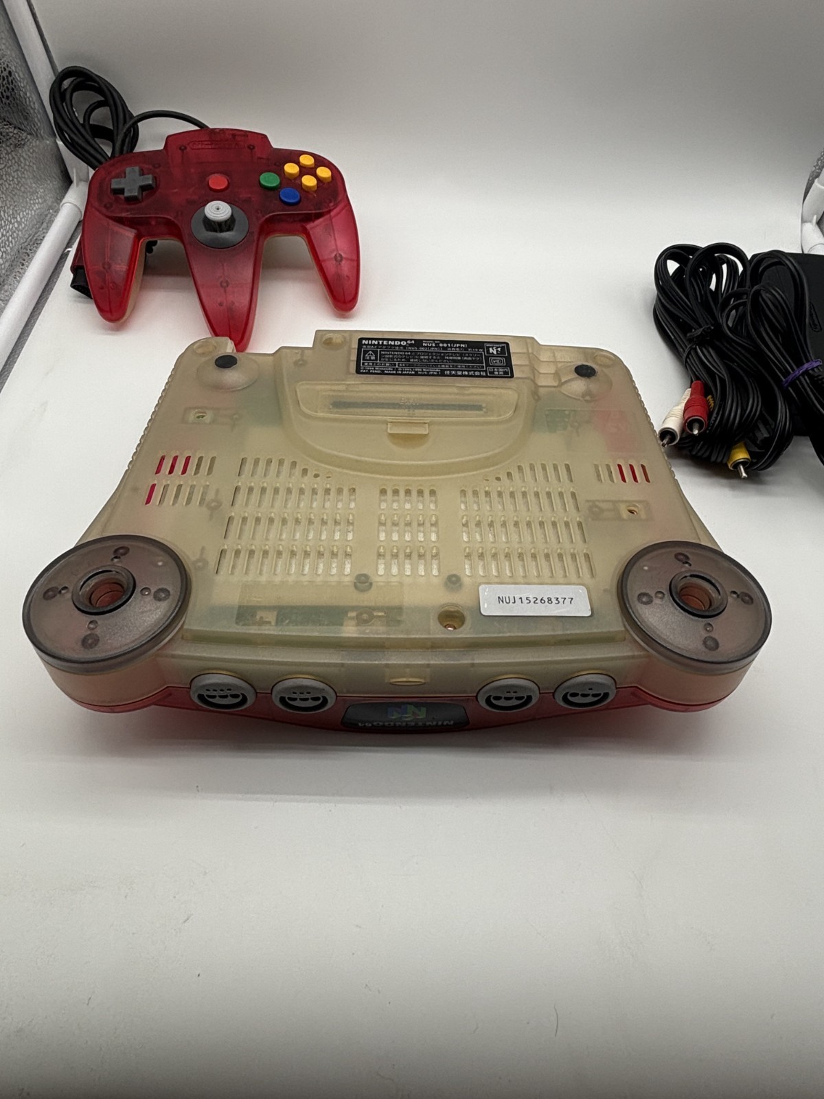 Clear white and Red nintendo 64 system JP Tested Working W/Controller & Cords!