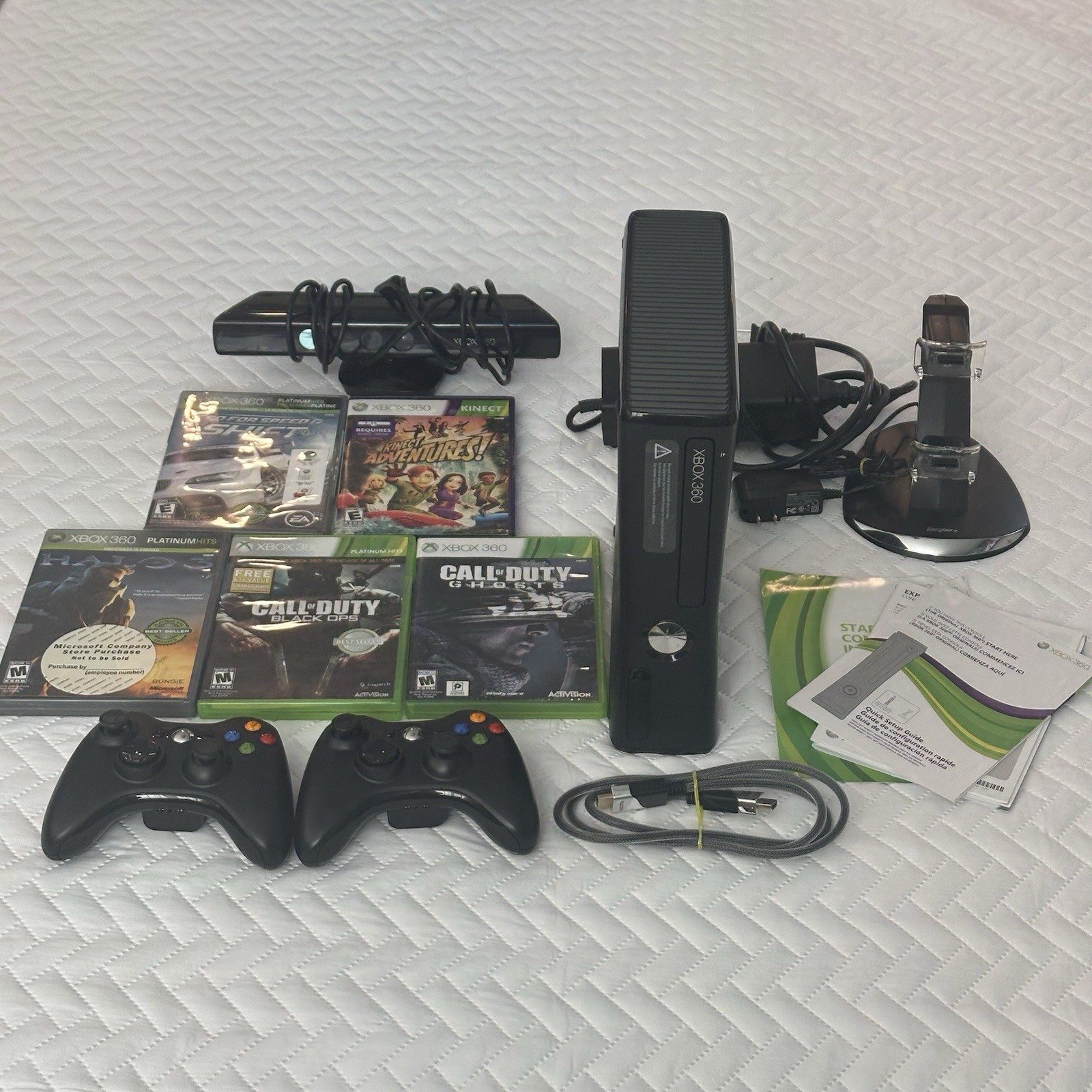Xbox 360 S Slim Console Bundle 500GB Tested Working w/2 Controllers & 5 Games