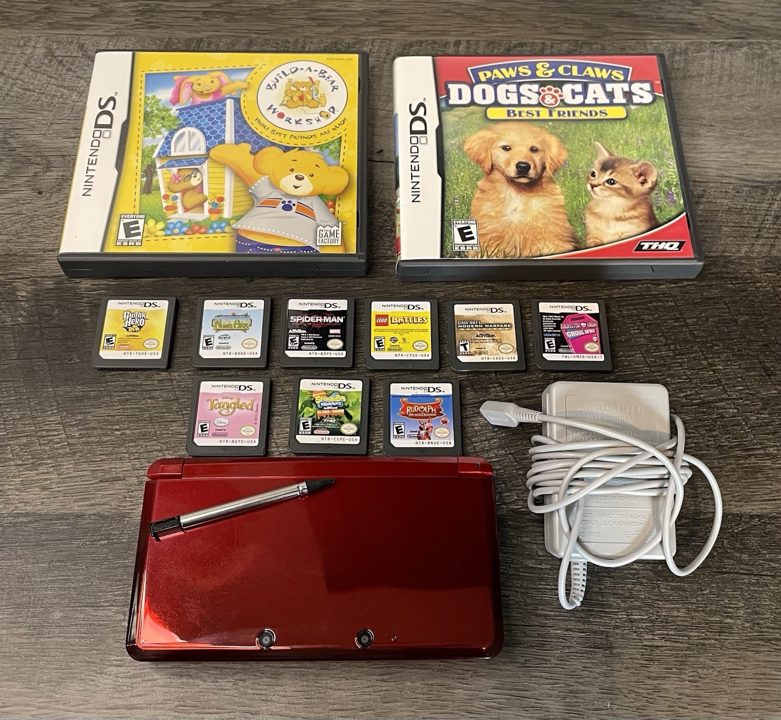 Nintendo 3DS Flame Red Lot With 11 Games Charger & Pen TESTED WORKING