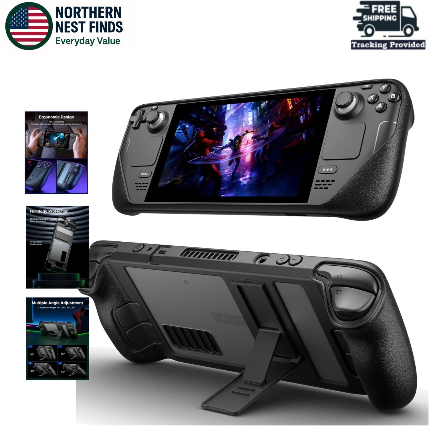 Ergonomic TPU Protective Case with Adjustable Stand for Steam Deck Gameplay