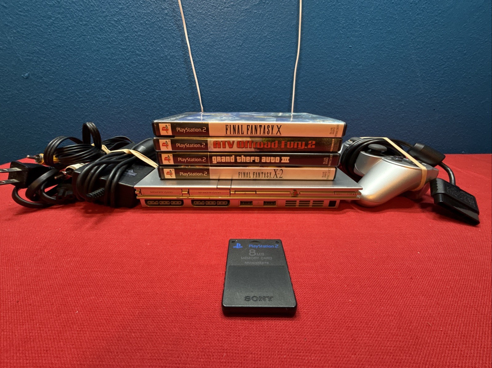 Sony PlayStation 2 Silver Slim PS2 Console Bundle TESTED SCPH-77001