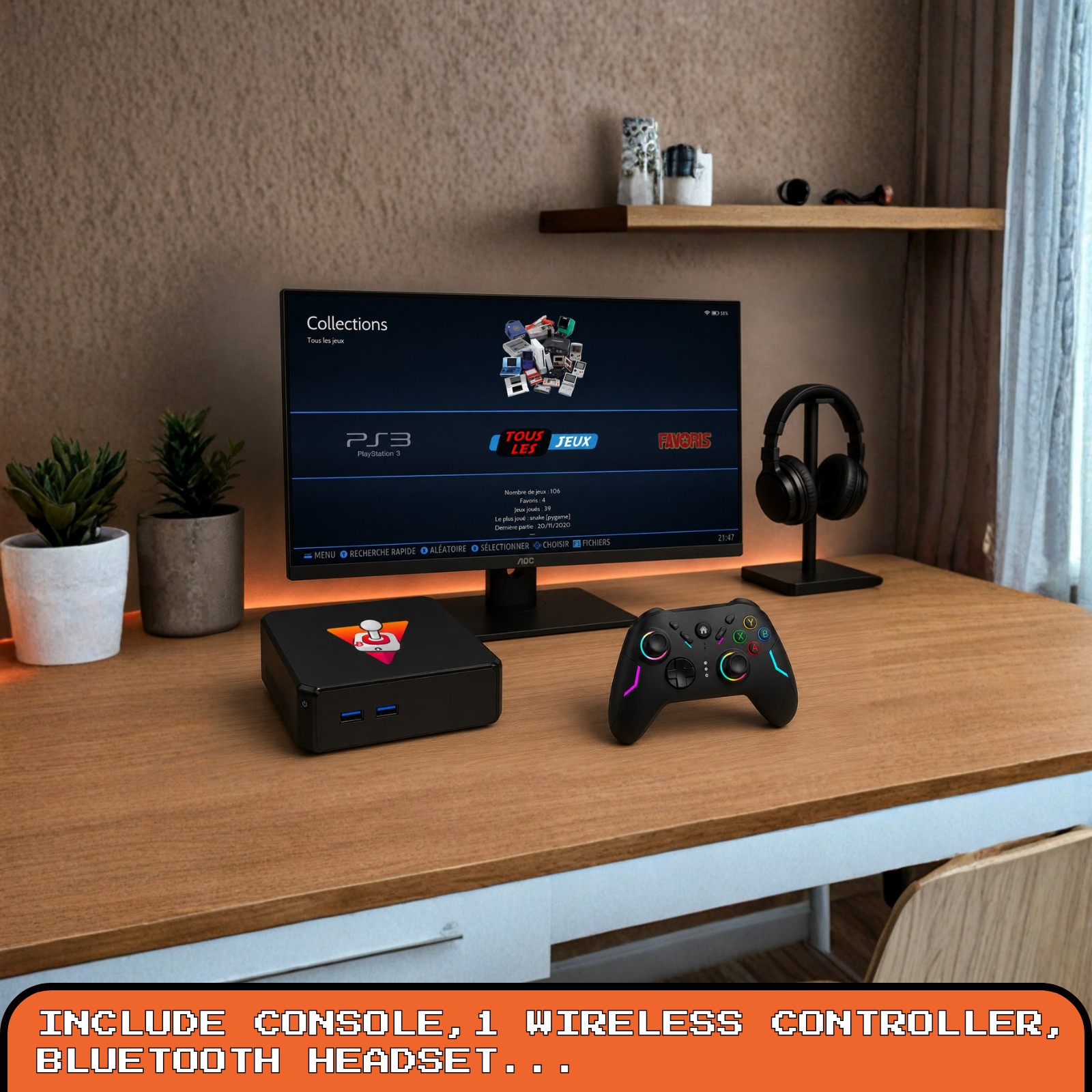 Retro Gaming Console Mini PC Batocera 128GB 8GB RAM Emulator Wireless Controller