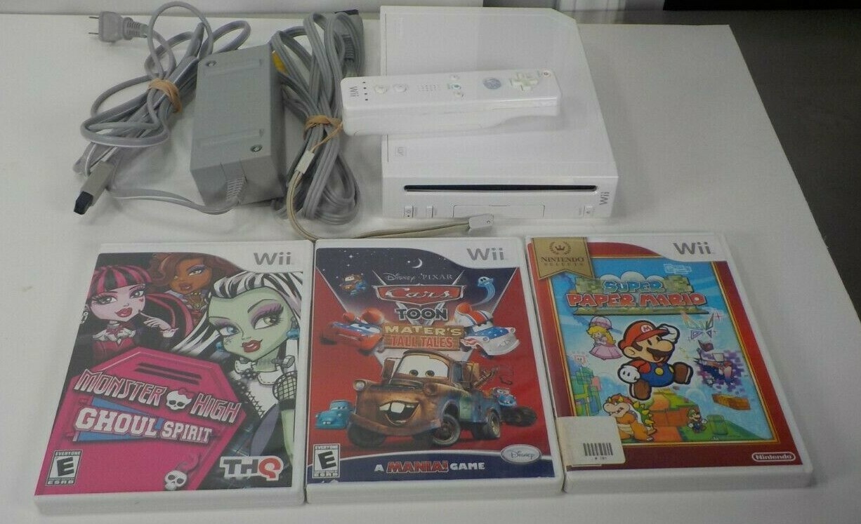 Nintendo Wii RVL-101 Console System Bundle -Remote w/ Mario ,Monster High, Cars