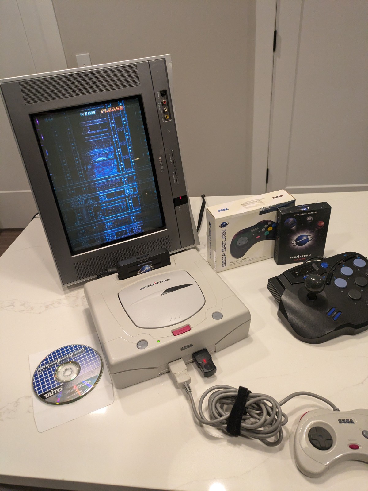Sega Saturn White Console JP W/ Arcade Stick Wireless Controller Kai Extras Lot