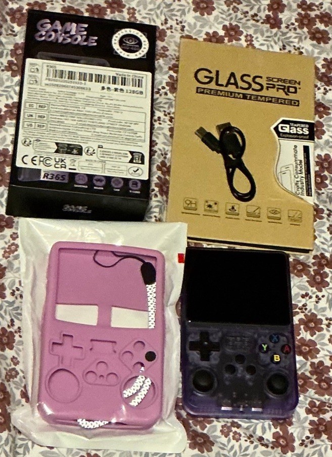 R36S Retro Handheld Game Console 128GB Purple Transparent Preloaded w/Case+Glass