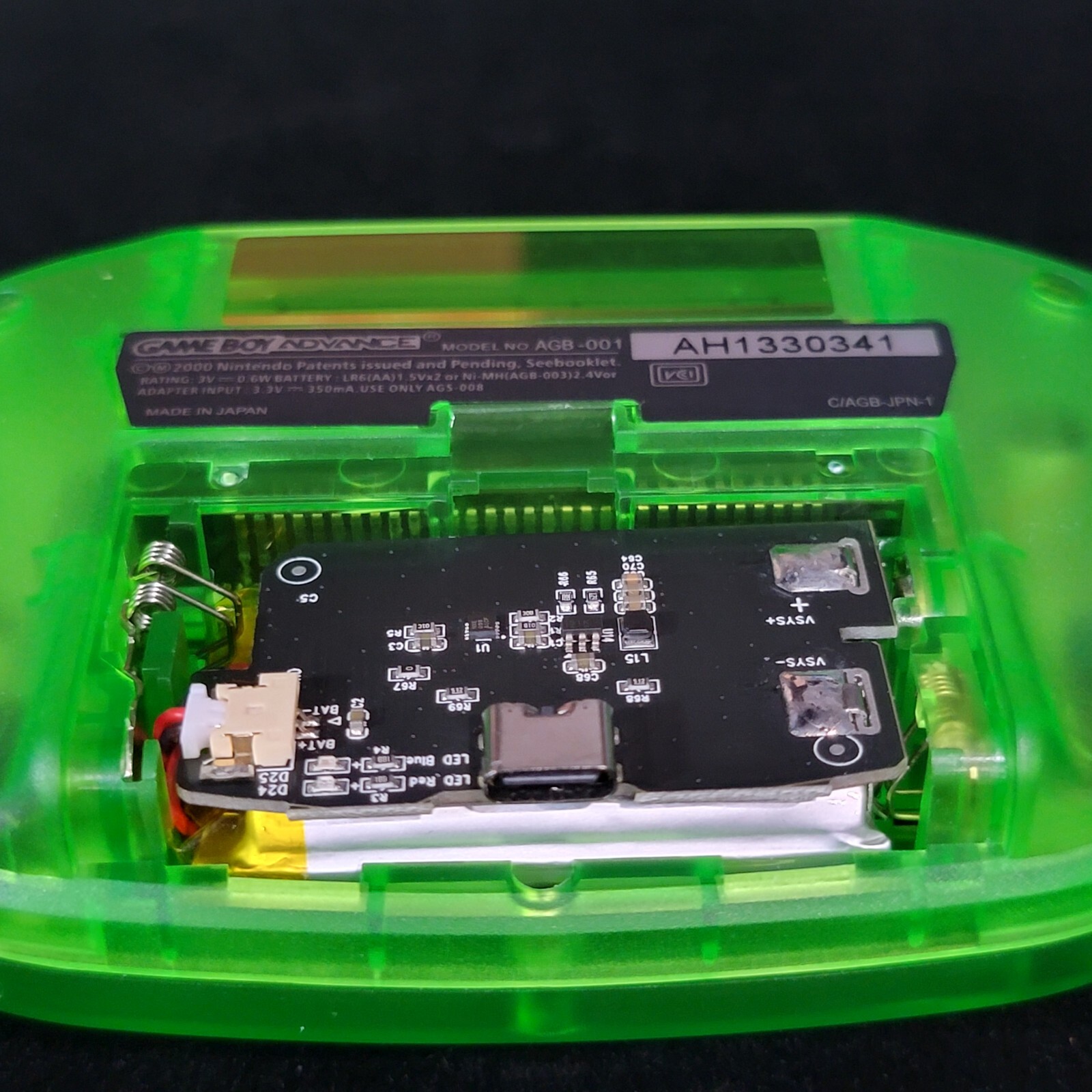 Clear Green Game Boy Advance GBA iPS LCD USB-C 1800 mAh Rechargeable Battery