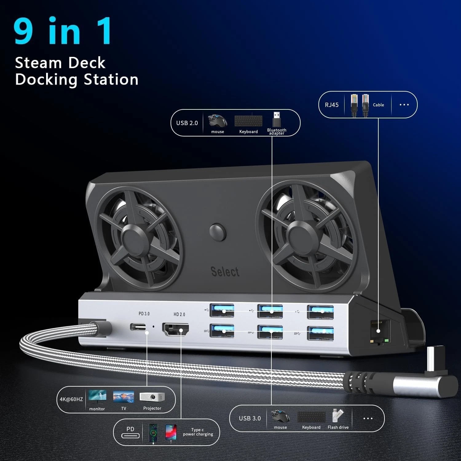 Ultimate 12-in-1 Dual Fan Dock for Steam Deck, Switch, and Asus ROG with 4K HDMI