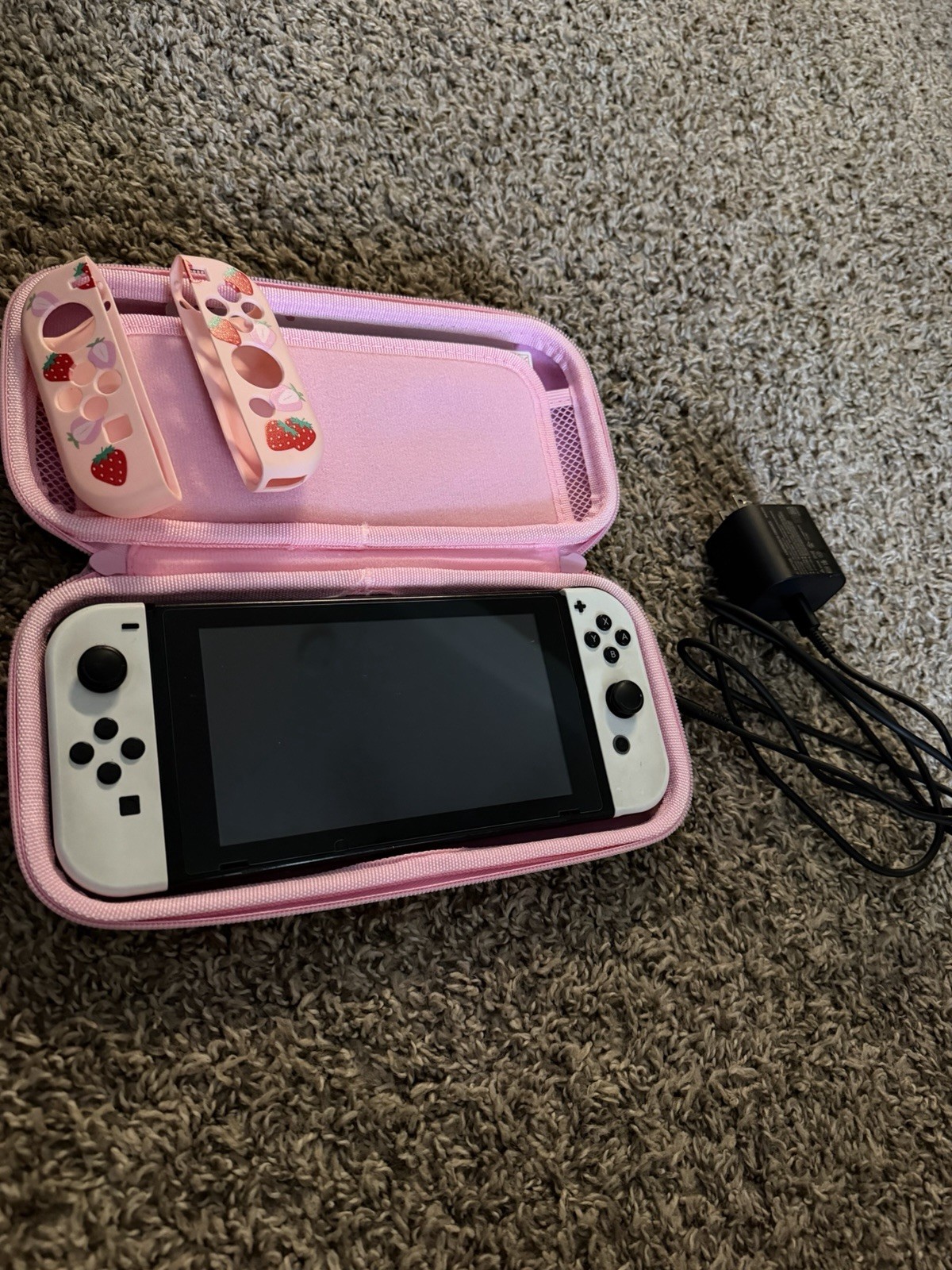 Nintendo Switch (White) 32GB Handheld Console w/ Charger & Pink Case