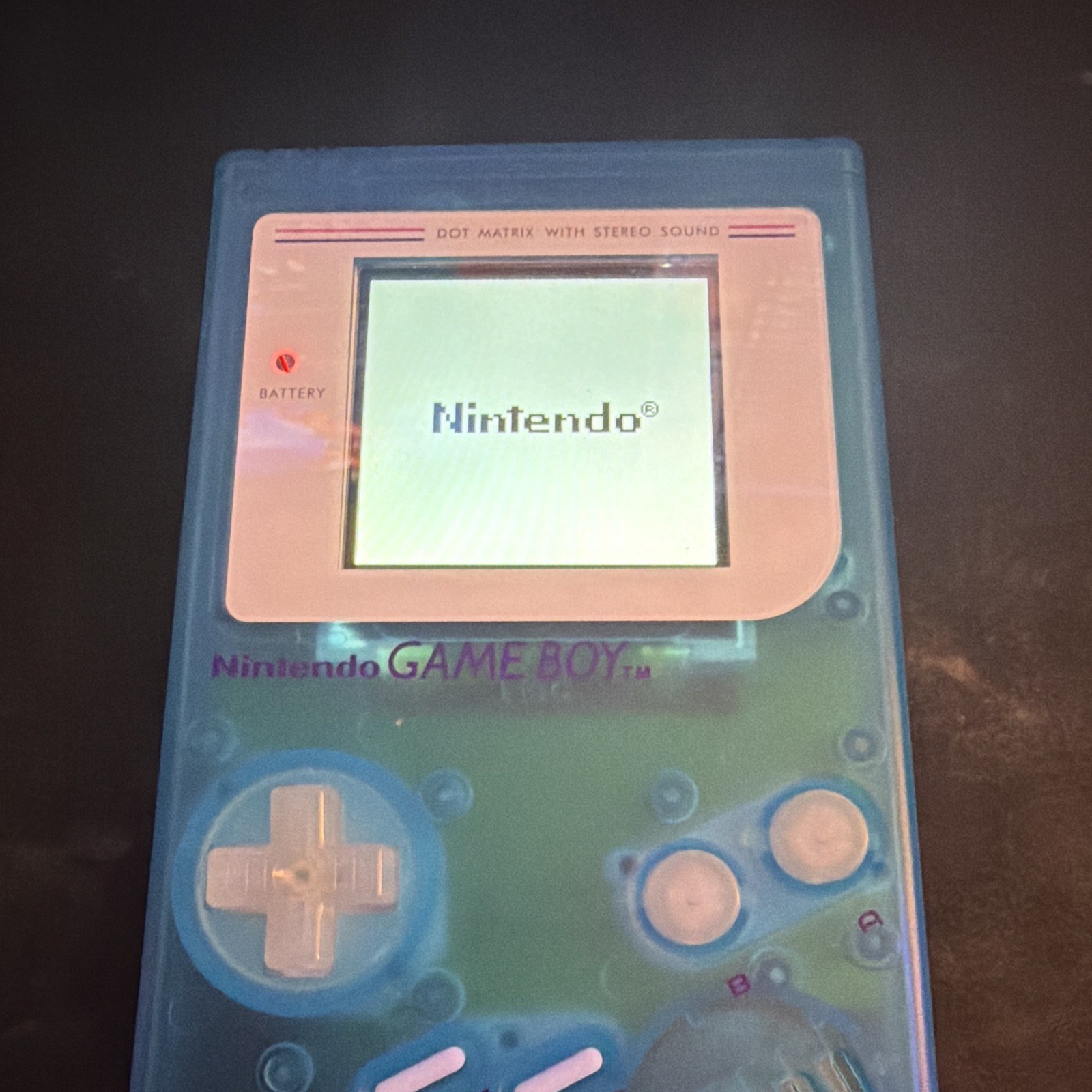 Nintendo Game Boy DMG-01 Clear Blue Handheld Stereo Sound w/ Case & Game *WORKS*