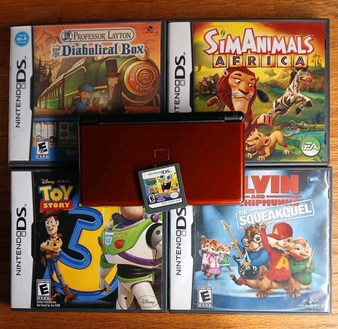 Nintendo DS Lite Lot Crimson Handheld System – Red/Black Plus 5 Games 4 Complete