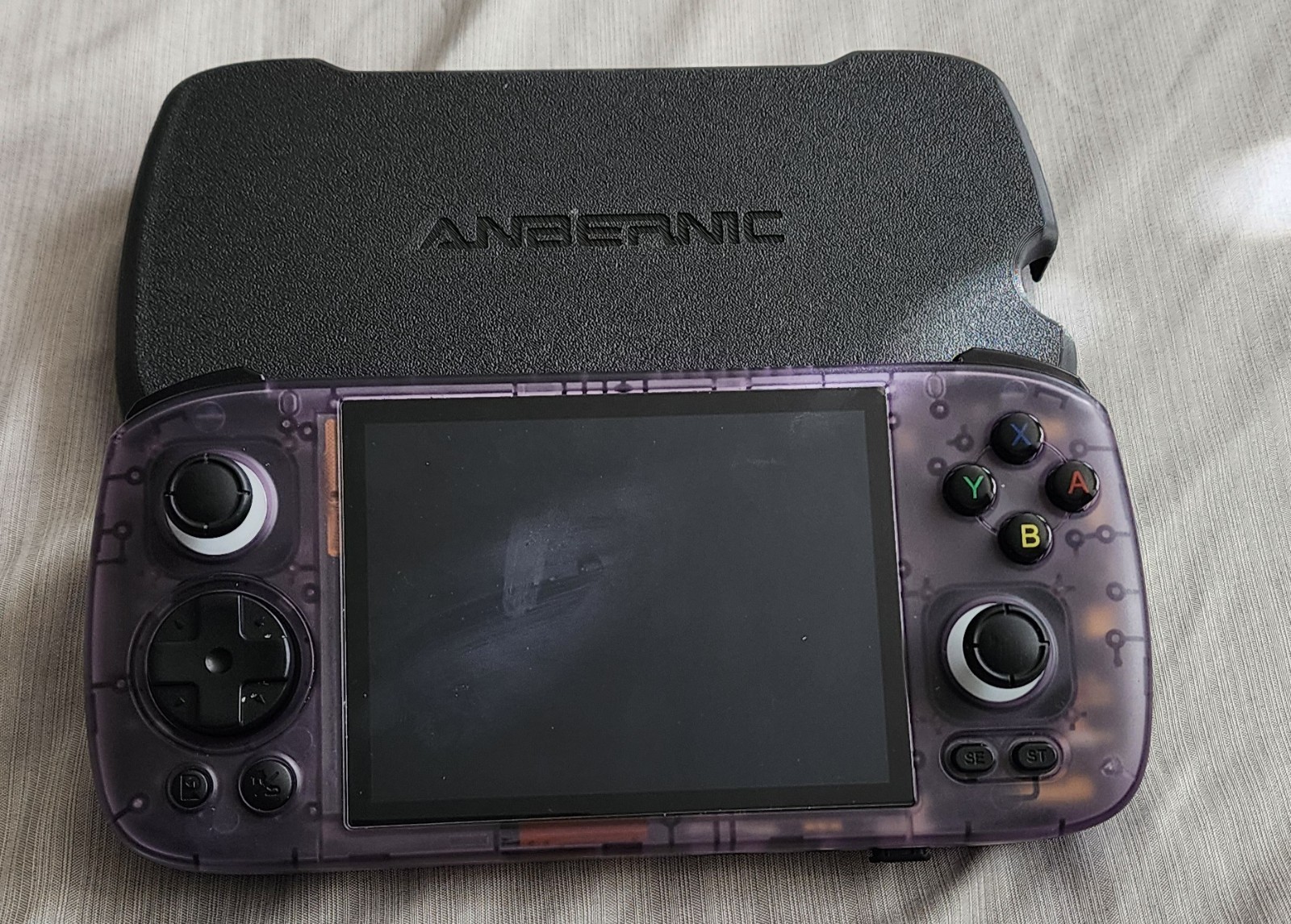 Anbernic RG406H Handheld Clear Purple w/ Face Cover And 512 GB microSD