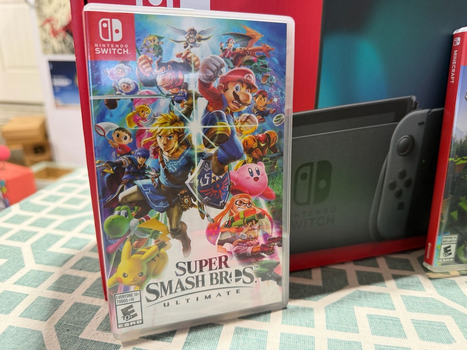Nintendo Switch Console. + Super Smash Brothers, Minecraft and Just Dance 2021