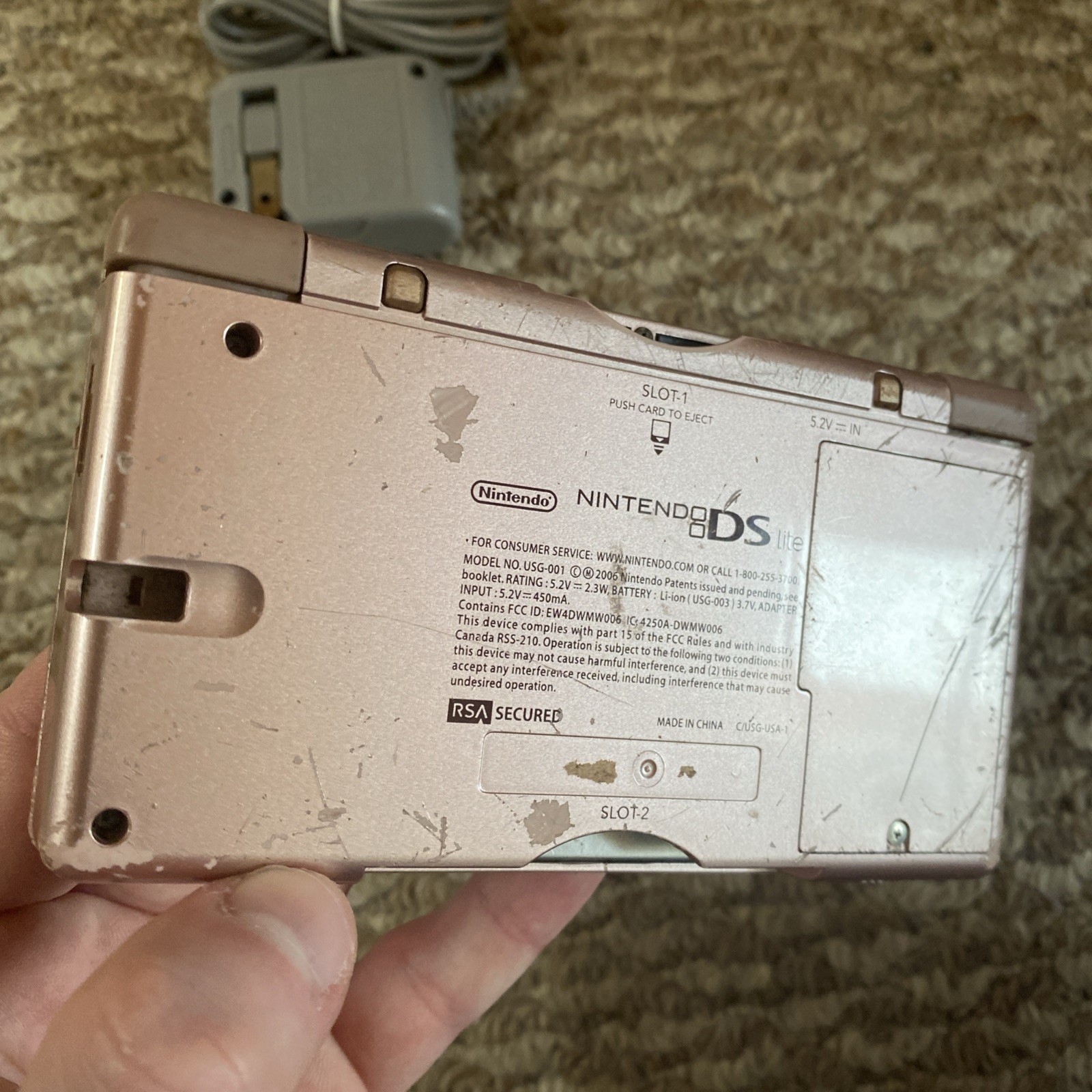 Nintendo DS Lite Metallic Rose Pink Handheld USG-001 W/ Charger Tested