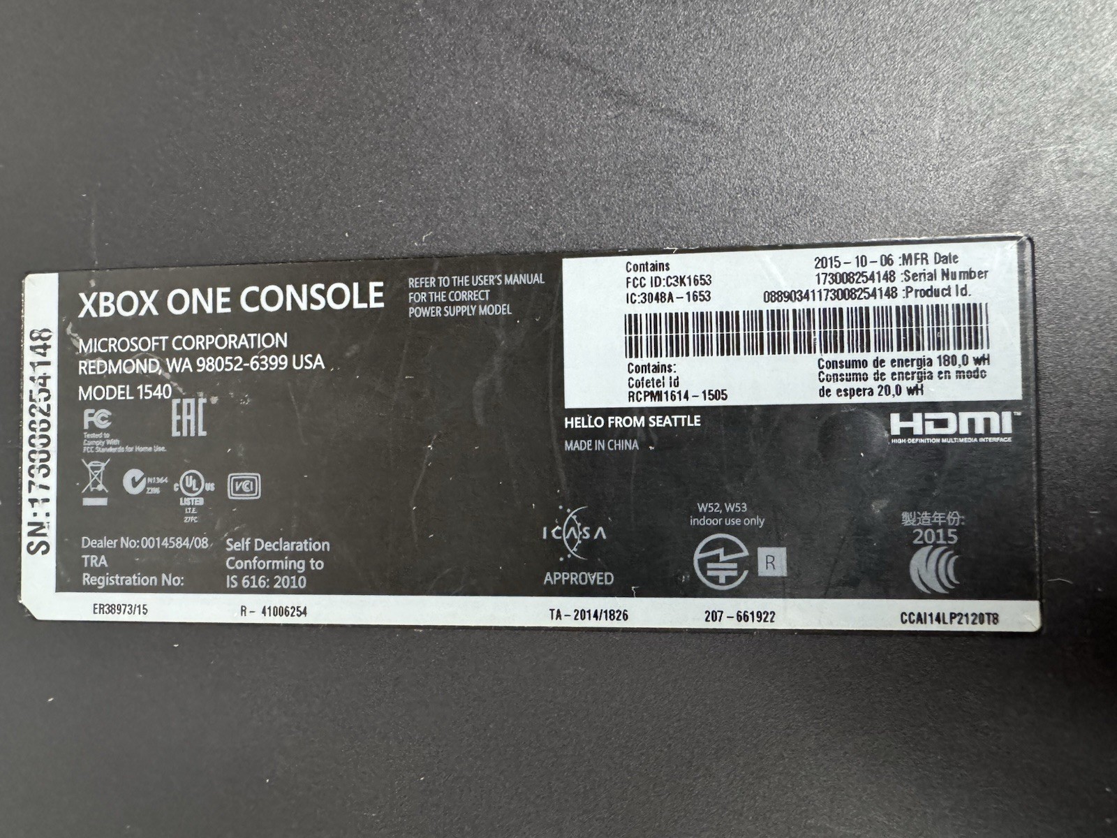 Original Microsoft Xbox One Model 1540 Console Original Box W/Controller & Cords