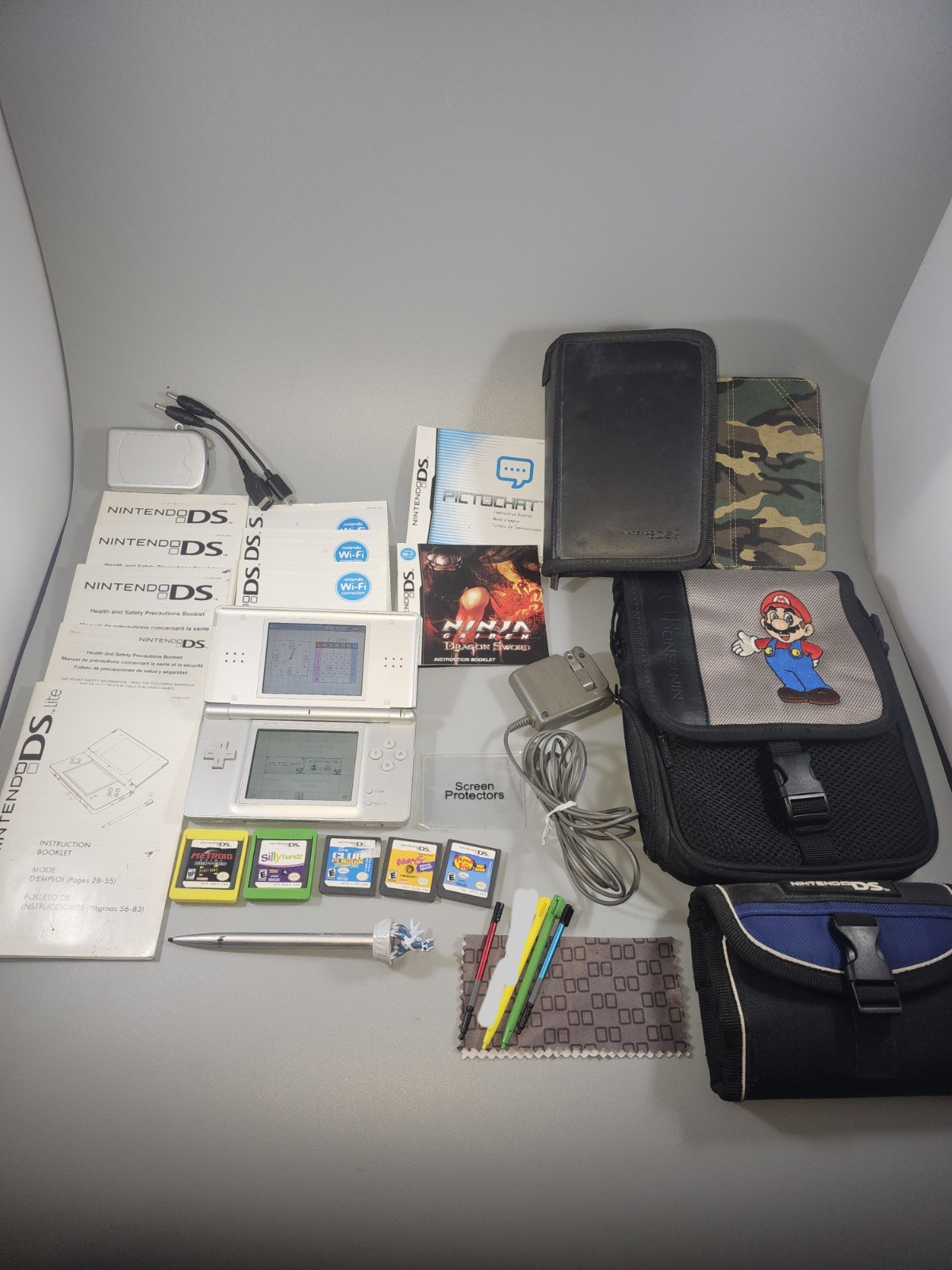 Nintendo DS Lite Silver BIG Lot – Cases Games Stylus Manual Accessories READ!