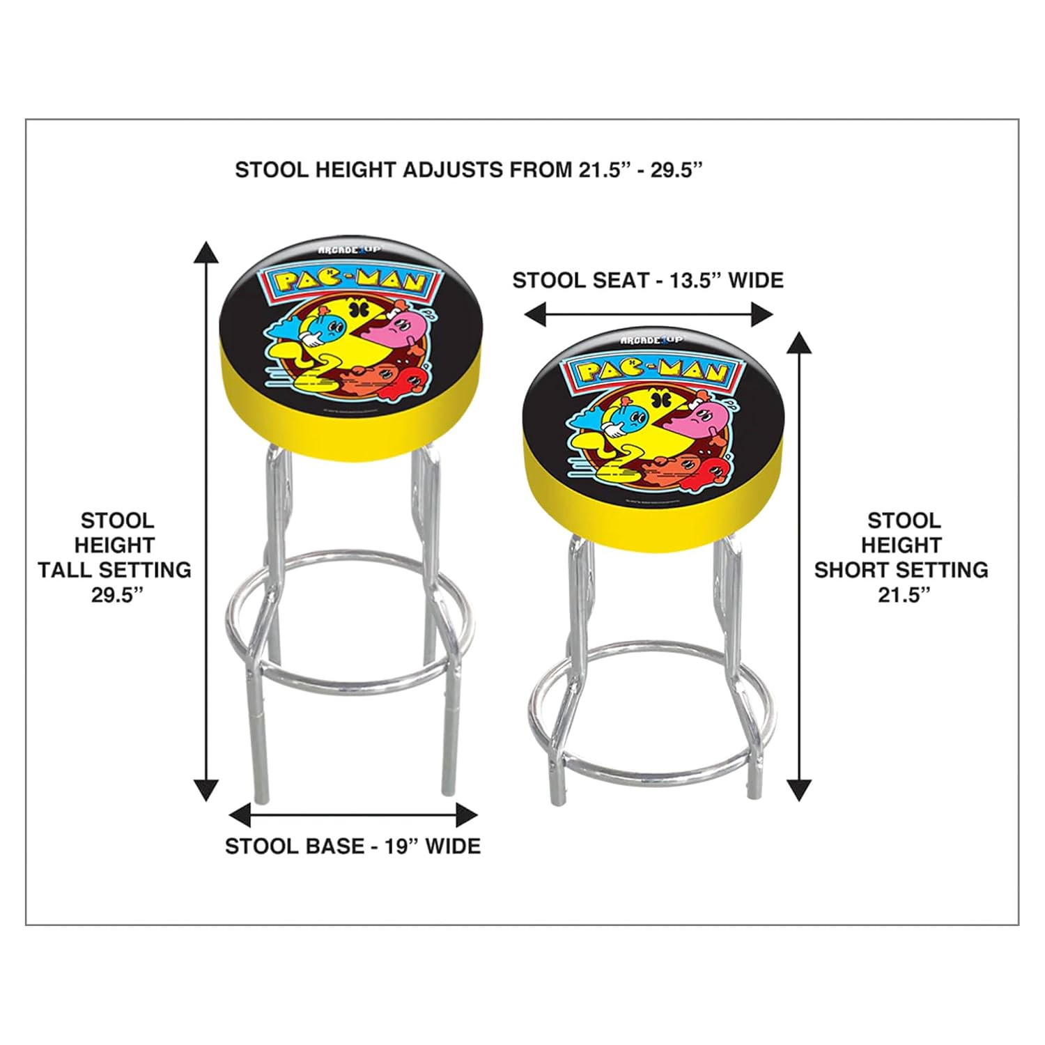 Arcade1Up Adjustable Padded Arcade Game Stool, Steel Frame, Pac-Man, 21.5″ to 29