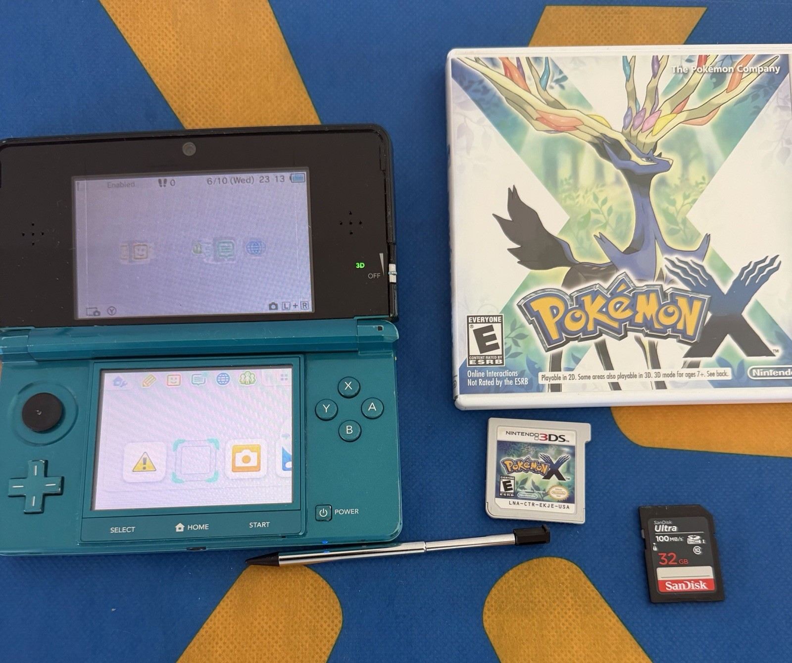 Nintendo 3DS CTR-001 Aqua Blue w/ Pokémon X Game, 32GB SD Card, Stylus & Charger