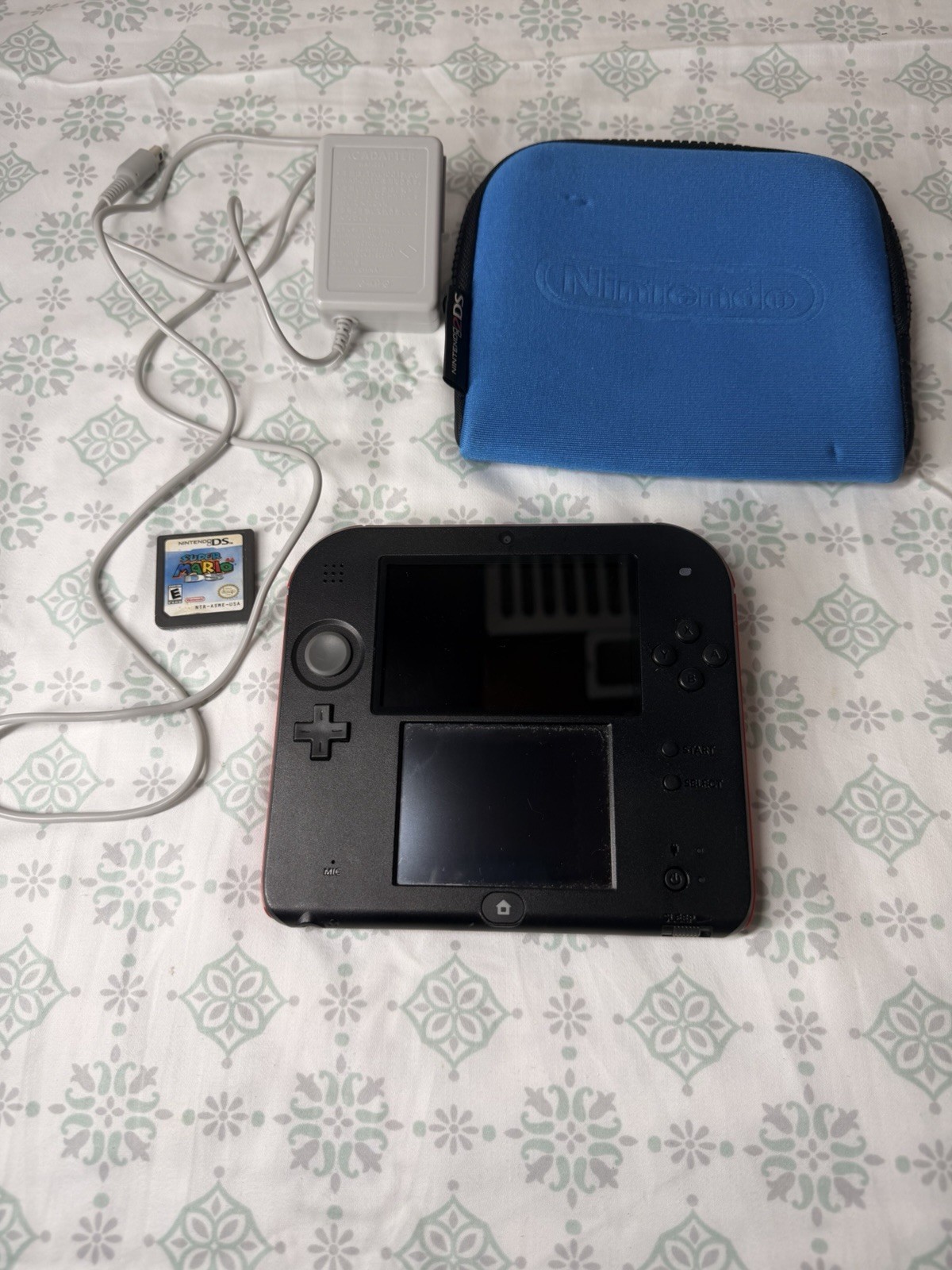 Nintendo 2DS Console Red Black Bundle w/ Charger Case & Super Mario 64 DS Tested