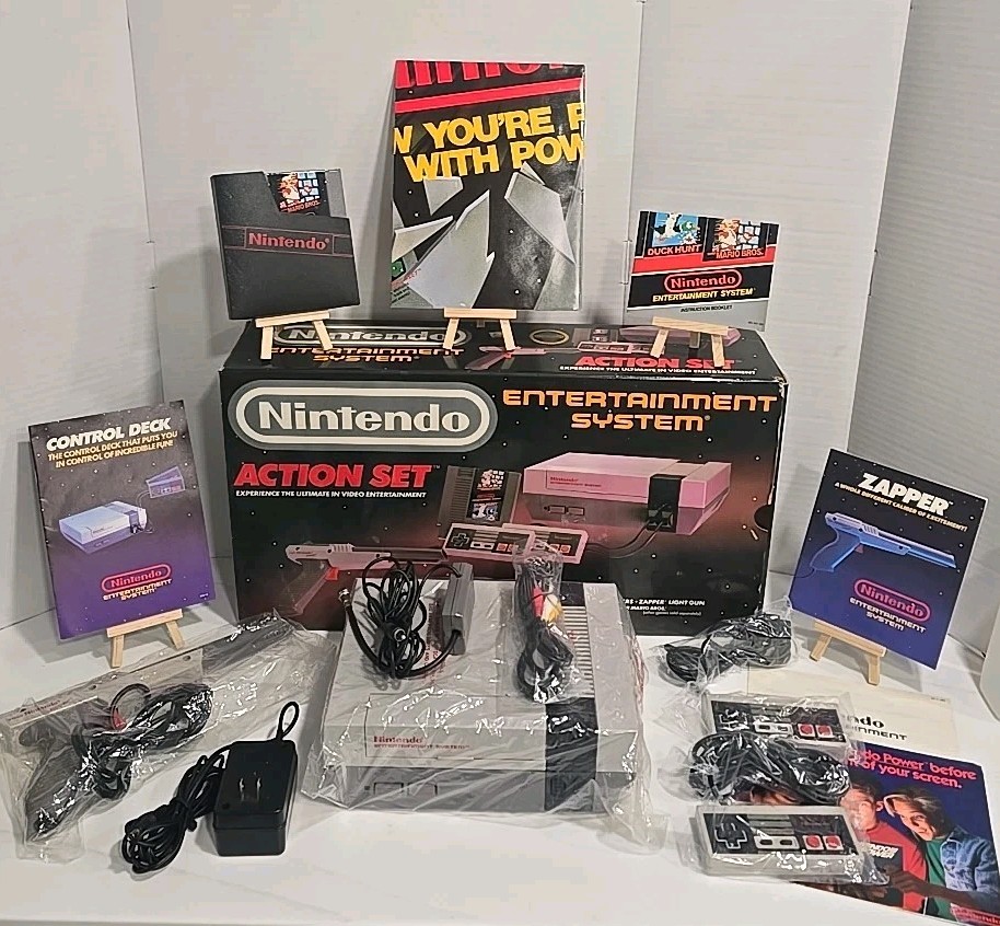 🔥 1990 Nintendo NES Action Set CIB Console w/ Zapper Paperwork & Mario Game VGC