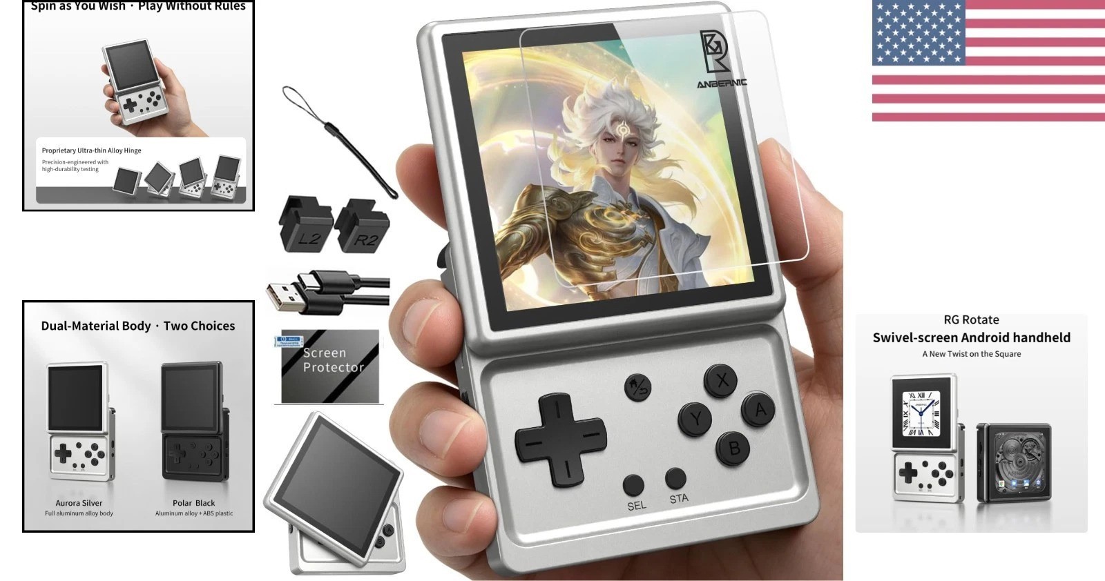 RG Rotate Retro Handheld Game Console, 3.5″ Swivel Screen Android Portable Pl…