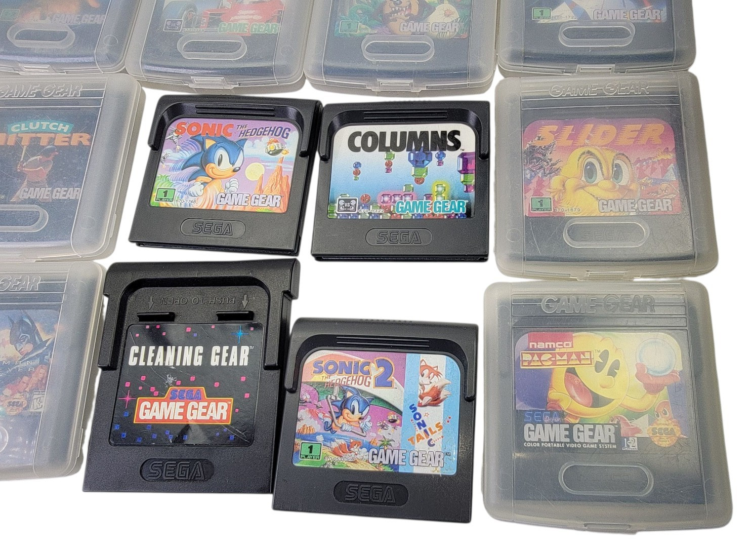 Sega Game Gear Lot 13 Games Cleaning Cartridge Plastic Cases Chargers & Case.