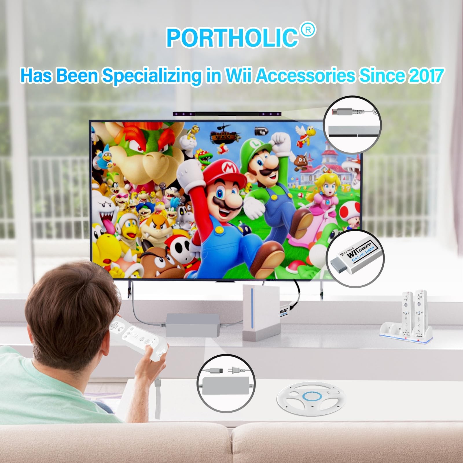 PORTHOLIC 4 in 1 Wii Replacement Cables Set, AC Power Adapter + White